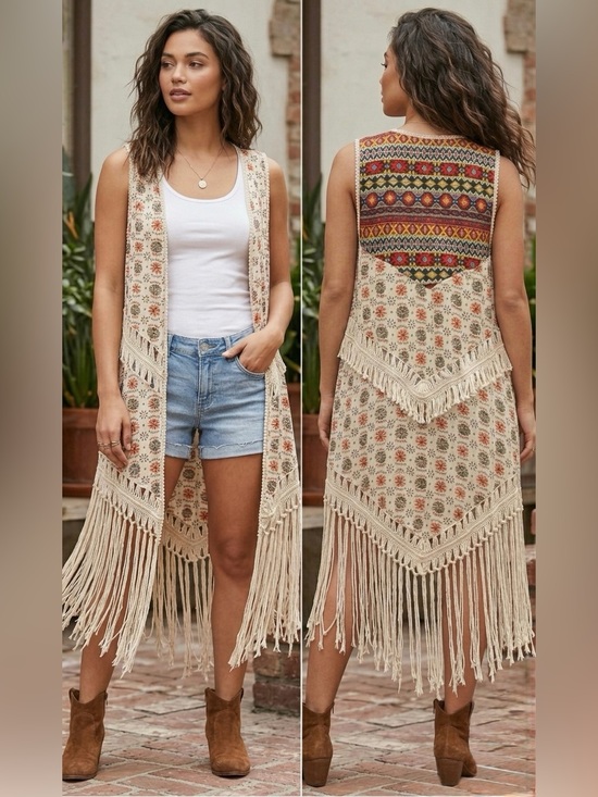 Umgee Sweaters - Umgee Boho Aztec Fringe Long Duster Vest Crochet Trim Plus Size 1XL
